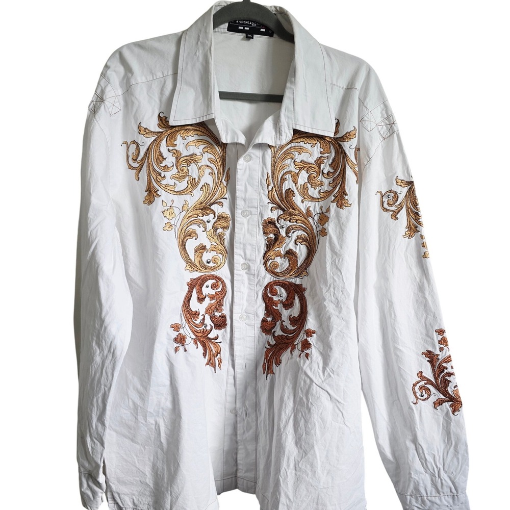 Royal Prestige 2XL Men's White Gold Baroque‎ Western Vtg Embroidered 2XL Shirt